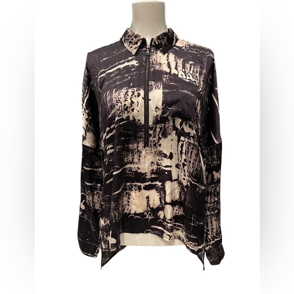 Go Silk Black White Abstract Washable Shirt Size:S